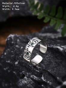 1pc 925 Sterling Silver Vintage Style Green Eye Tiger Head Zirconia Decor Open Ring, Suitable For Everyday Wear For Men