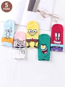 SPONGEBOB Bob Esponja 1/3/4/5 pares de meias curtas divertidas com estampa de desenho animado do Bob Esponja para o verão, respiráveis, absorventes de umidade, adequadas para uso diário, viagens escolares, meias curtas de cano baixo para estudantes, meias estilo barco - Multicolorido - Ver 6