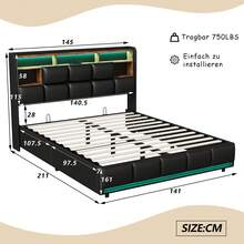 Upholstered Bed 140x200 Cm With Storage Headboard, Modern Double Bed Frame 140x200 Cm With Slatted Frame, Bed Box, Hydraulic Double Bed, Without Mattress, Black, PU Leather (160x200cm) - 黑色 - 查看 13