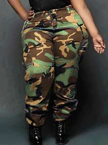 Plus Size Women Camo Printed Flap Pockets Loose Fitting Straight Leg Cargo Pants - Yellow - View 6
