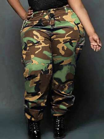 플러스플러스 사이즈 여성 카모 프린트 플랩 포켓 루즈 핏 스트레이트 레그 카고 팬츠