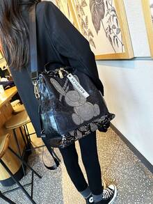 Unisex Backpack, Black With Silver Rhinestone Rabbit Pattern, Decorative Pendant, Unique Design, Large Capacity Backpack, Comfortable Shoulder Straps, Fits Laptop, Handheld, Backpack, Shoulder Bag, School Bag - Silver - View 3