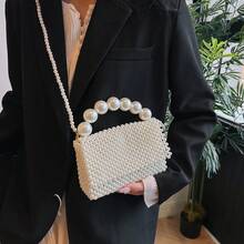 女士白色串珠手提包，时尚编织珍珠托特包，别致单肩包，春夏时尚 - 白色 - 查看 1