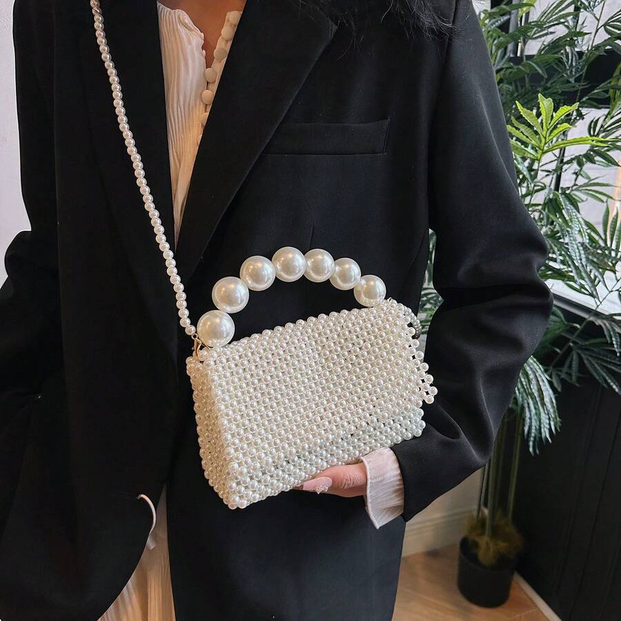 女士白色串珠手提包，时尚编织珍珠托特包，别致单肩包，春夏时尚 - 白色 - 查看 1