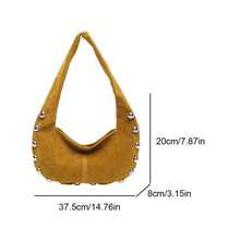 Women Suede Hobo Bag Studded Shoulder Bag Solid Color Handbag - Dark Brown - View 3