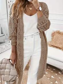 Plus Size Women Casual Hollow-Out Long Sleeve Knit Cardigan, Knee-Length Knitwear Tops For Spring/Summer