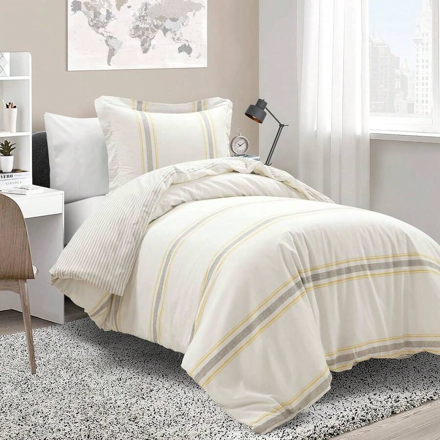 Farmhouse Stripe Reversible Cotton Duvet Cover Set, 2 Piece Set, Twin XL, Navy - Twin Bedding Set - Dorm Decor - Striped Duvet Cover For Kids Or Teens - Farmhouse Bedroom Decor - 黃色和灰色 - 查看 1