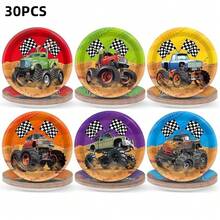 30 件越野赛车主题一次性纸盘，7 英寸越野怪物卡车盘，适合生日派对、赛车主题活动、节日、日常餐饮 - 彩色 - 查看 2