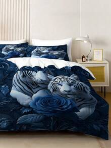 2/3件套羽绒被套床上用品，白虎玫瑰叶图案床罩套装，房间装饰，含1个羽绒被套和2个枕套，特大号床罩，床单，柔软亲肤涤纶，可机洗，干洗。适用于家居和卧室装饰，卧室装饰，房间装饰用品，爱狗人士的最佳礼物