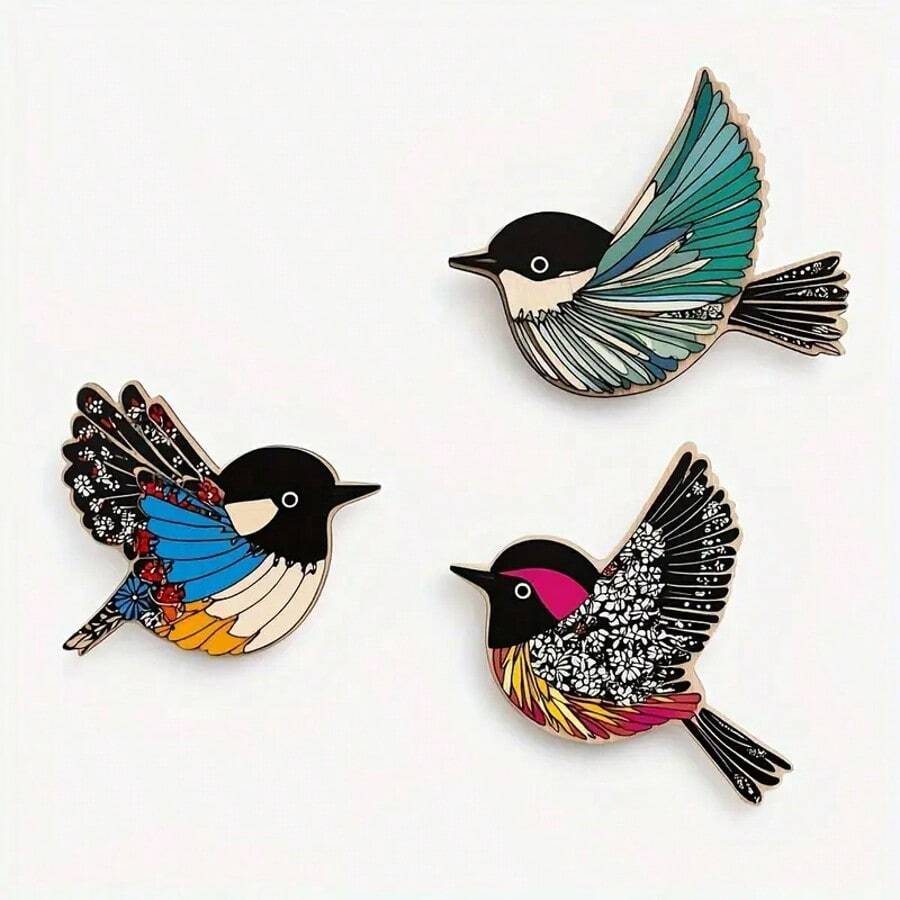 3件套手工木制鸟类墙饰 - 2D彩色3D鸟类，羽毛细节逼真，家居及办公室墙面装饰，现代农舍风格悬挂饰品，时尚鸟类装饰，房间装饰，卧室装饰，家居点缀 - 彩色 - 查看 1