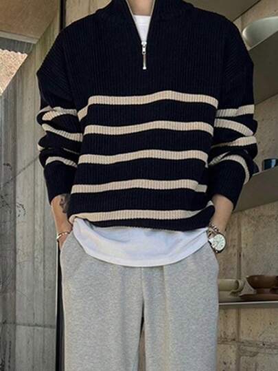 新款时尚休闲条纹长袖拉链立领半拉链男士毛衣，男士秋冬装，商务休闲男装