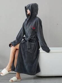 1pc Polyester Bathrobe (Size L) Unisex, Embroidered, Autumn/Winter Home & Bathroom Long Robe, Solid Color Coral Fleece Soft & Absorbent Microfiber, Suitable For Home, Bathroom, Pool, Dormitory - Multicolor - View 10