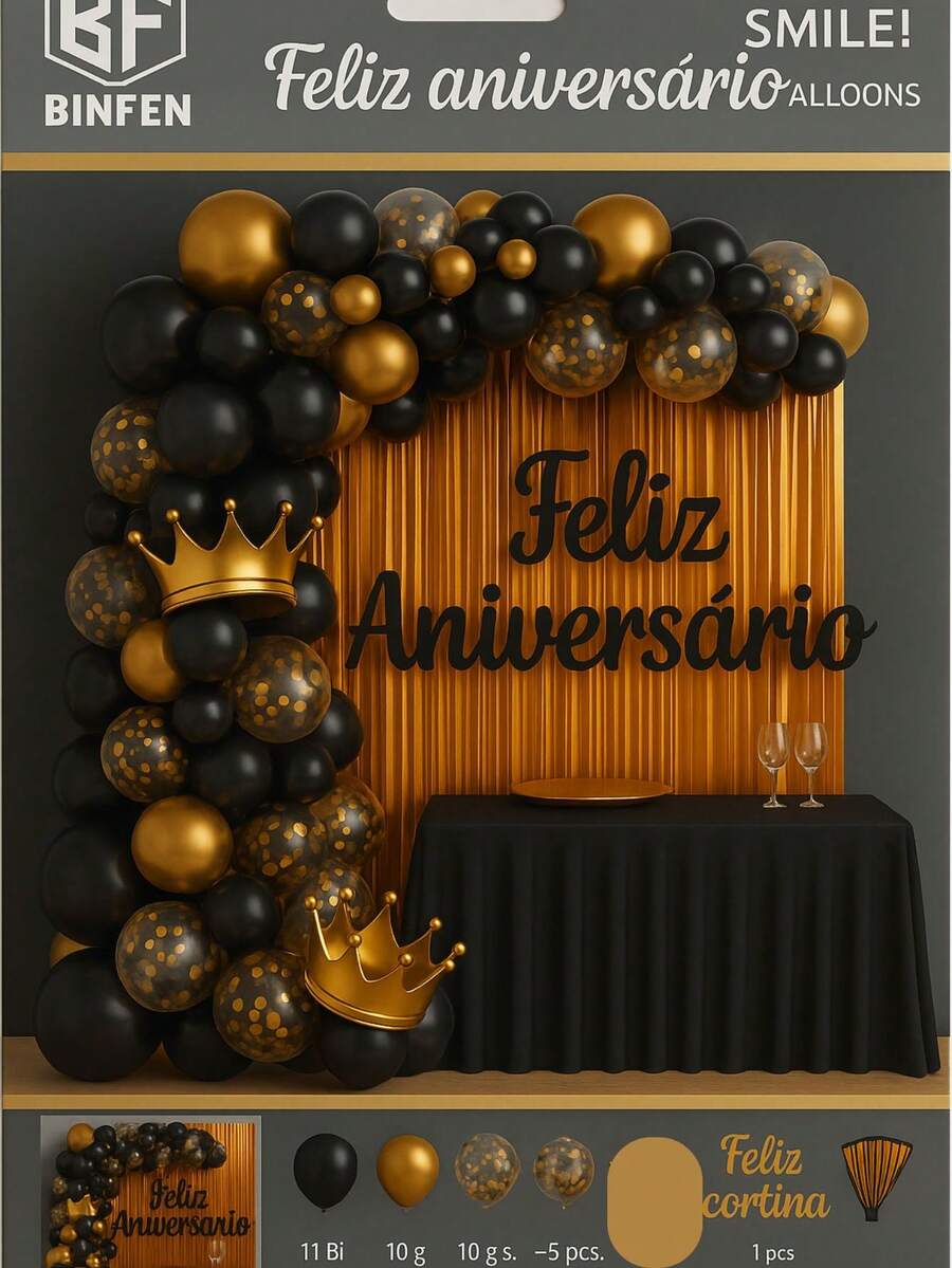 Loren's importados Happy Birthday Balloon Kit With Curtain, Tablecloth And 117 Balloons - 黑色 - 查看 1