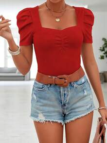 Blusa Mujer De Moda Sexy Con Hombros Abullonados #SensaciónDelujo #EstiloRomanticoDeSanValentín - Rojo - Ver 4