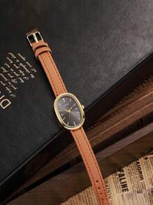 1pc New Stylish Leather Watch Set For Women, Minimalist Small Dial Oval Shaped Casual Ladies Watch, Student Version