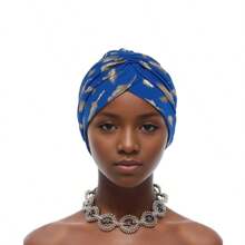1PC Fashionable Versatile Feather Metallic Gold Print India-Style Head Wrap Turban, Cancer Chemo Hat For Hair Coverage