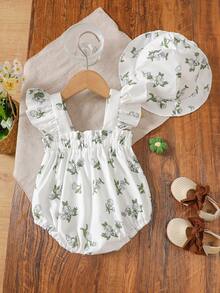 女宝宝可爱蝴蝶结盖袖连帽连体衣，适合春夏季户外穿着