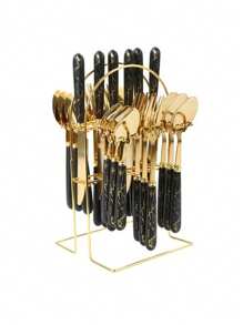 Ensemble de couverts en acier inoxydable 24 pièces avec porte-couverts, style vintage, fourchette, couteau, cuillère, poli miroir, adapté à la maison, à la cuisine, au restaurant, au dîner