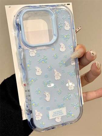 Cute Ditsy Floral Rabbit Pattern 16 Pro/15 Phone Case, New Model 13 Pro/14 Pro Max Niche Design Luxury Protective Cover, Anti-Fall Full Coverage For Women