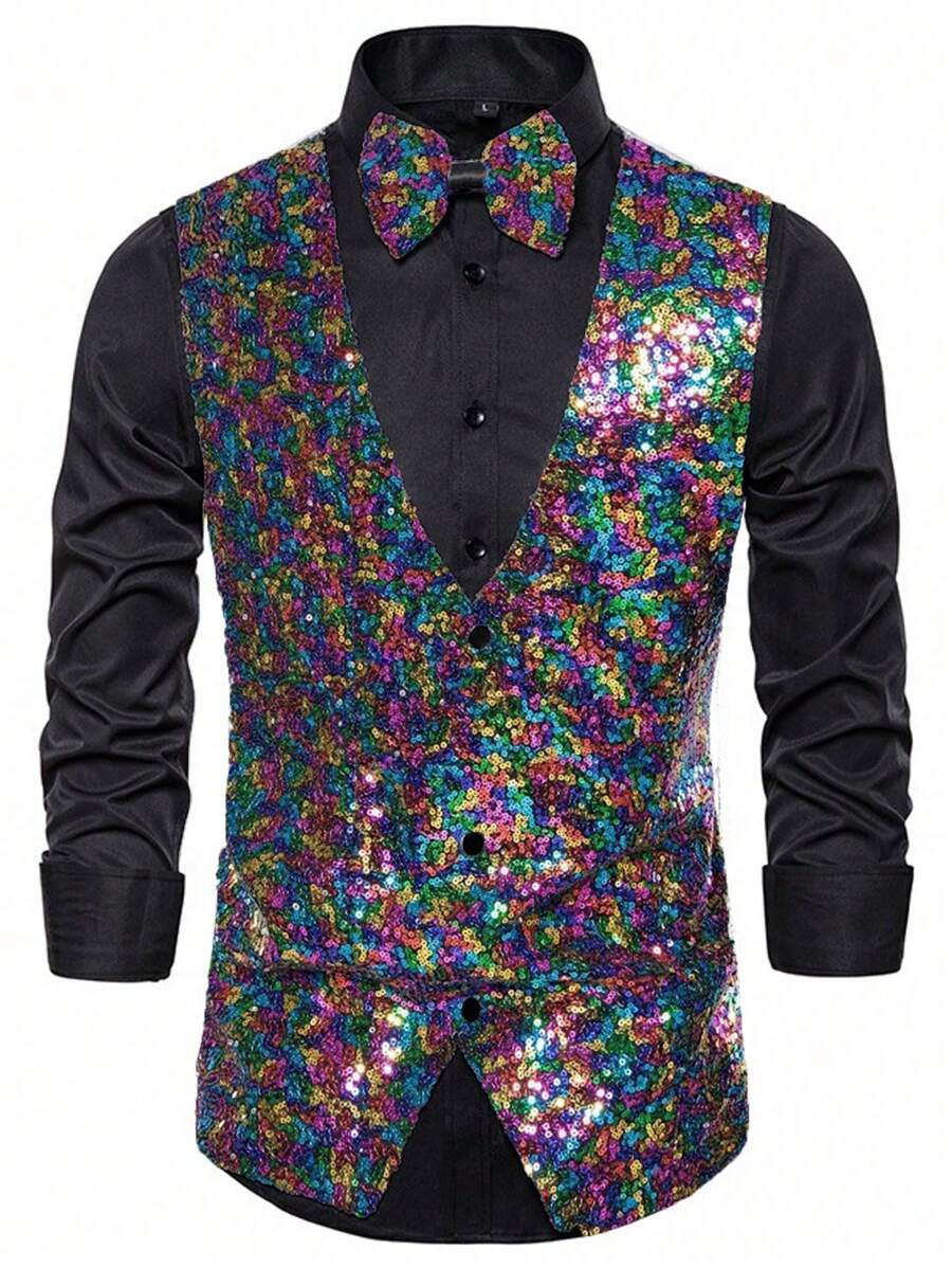 Men's Sequins Decorated Vest, Suitable For Stage Performance, Photography, Hosts, Singers, MCs