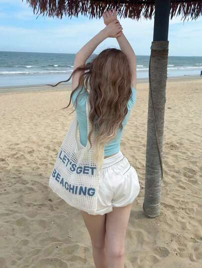 [ANDIAMO AL MARE] Borsa da spiaggia in maglia traforata con design vacanza estiva rilassante per donne, grande capacità, pieghevole, con coulisse. Perfetta per la gita in spiaggia, l'atmosfera vacanziera, con funzione anti-sabbia. Adatta anche per uso quotidiano come borsa della spesa e zaino. Ottima per attività all'aperto, viaggi e per il ritorno a scuola per universitari, studenti delle superiori e delle medie.