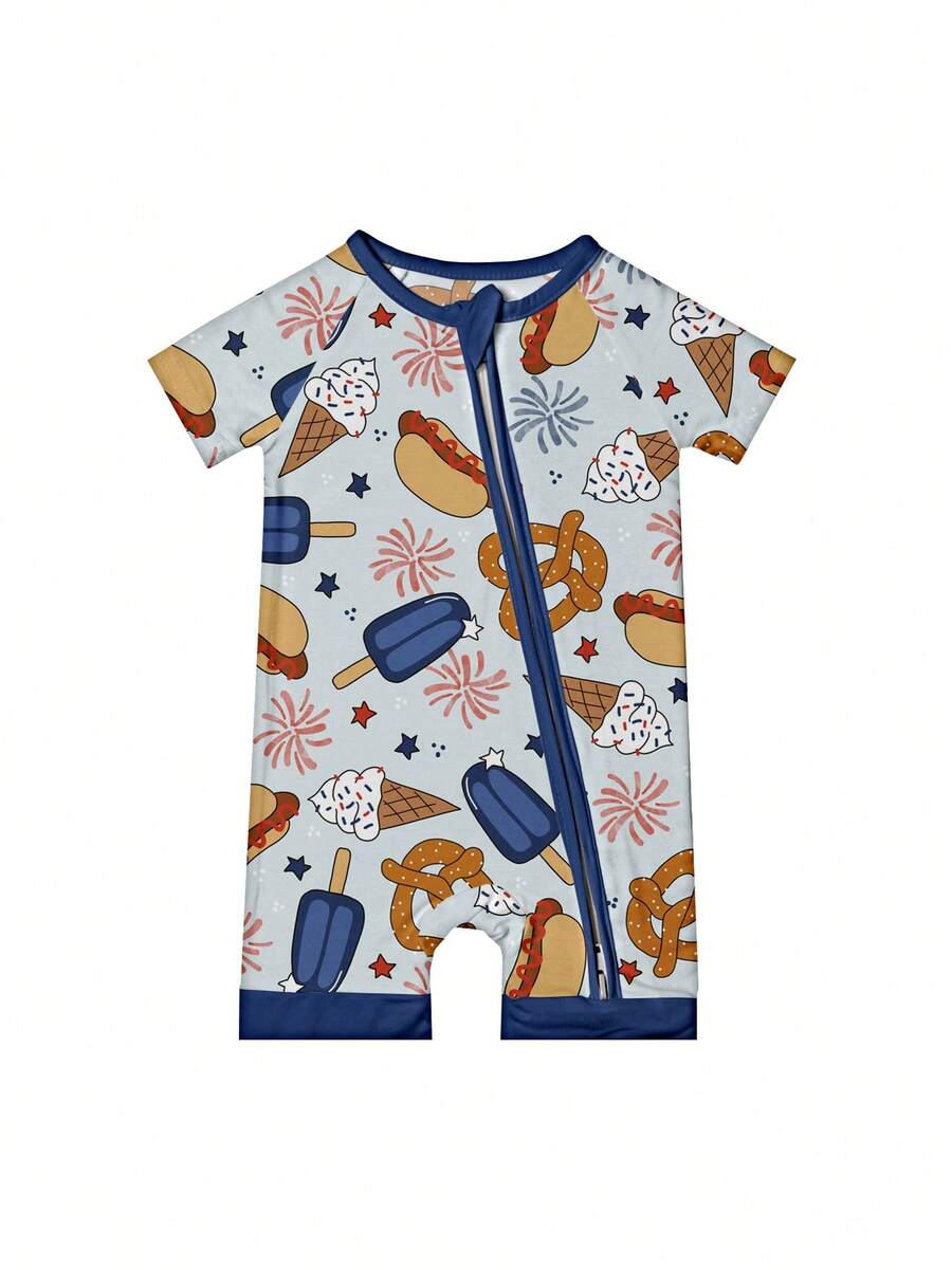 Baby Bamboo Fiber Zip-Up, 4th Of July Hot Dog Ice Cream Print Short Sleeve Romper, Summer Knit Fabric Skinny Fit With Zipper Detail, Boy Baby Girl Clothes, Perfect For Outdoor - 淺藍色 - 查看 1