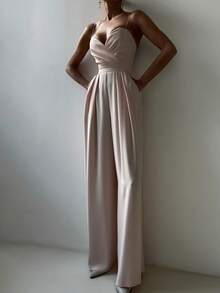 Las mujeres de color sólido sin espalda recta de pierna ancha de cintura a medida mono, elegante temperamento delgado pantalones conjunto de boda del partido / conferencia diaria elegante desgaste preferido