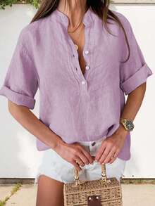 Women Solid Color Shirts Elbow Sleeve Buttons Stand Collar Blouses Summer Loose Casual Tops Streetwear - 紫色 - 查看 3