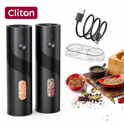 CLITON 2025 Premium Rechargeable Electric Pepper Mill & Salt Grinder Set With LED Lighting - USB-C Rechargeable Lithium Battery (300mAh) / 110mL Capacity / Adjustable Coarseness / Modern Kitchen Gift For Europe And Middle East (Single Unit And 2-In-1 Base Set)