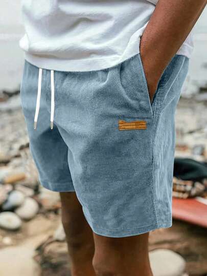 Loose Fit Green Corduroy Straight Leg Shorts Men, Casual Summer Printed Street Style Sports Bermuda, Mid Length, Fall/Winter