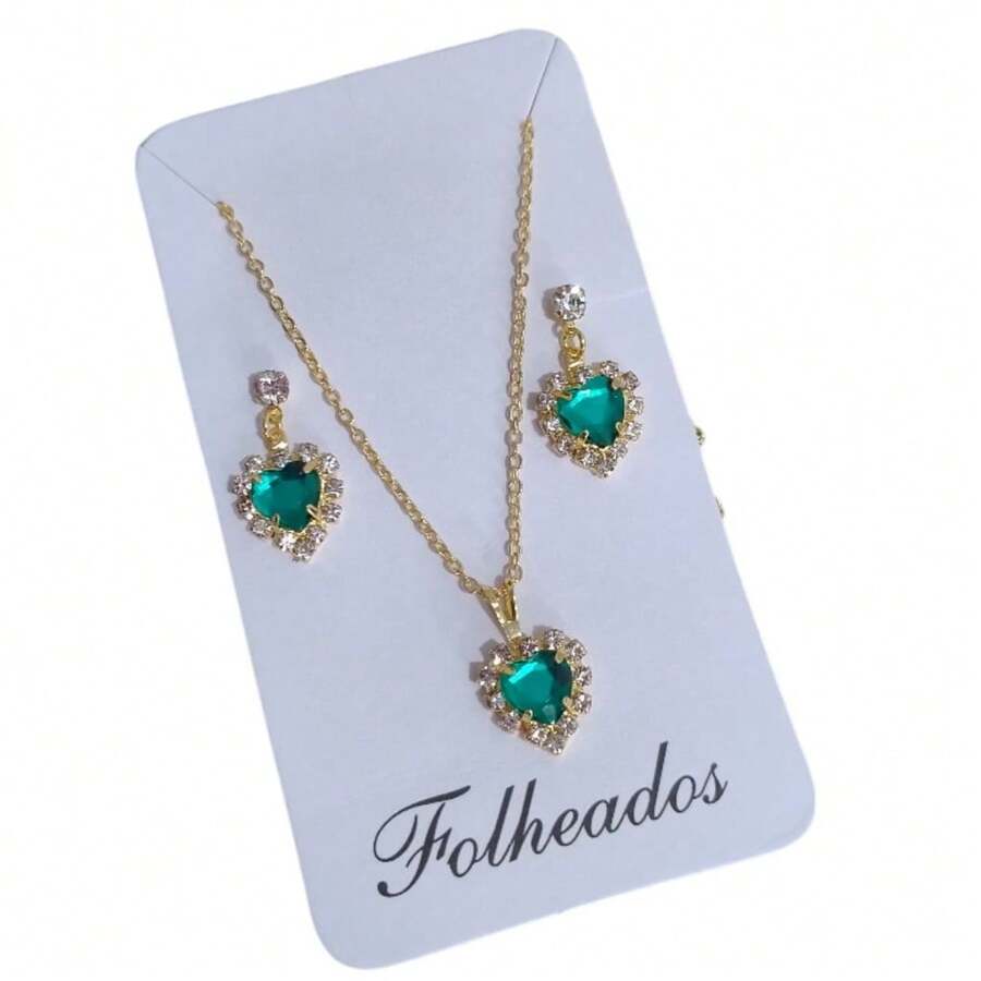 Set Of Chain With Pendant + Gold Plated Earring Heart Stones Studs Latest Release - màu xanh lá - Xem 1