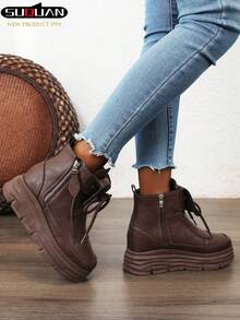 1 Pair Women's High Top Casual Sports Ankle Boots, Korean Fashion Design, 2025 New Leather Short Boots, Thick Sole Adds 5cm Height - Brown - View 6