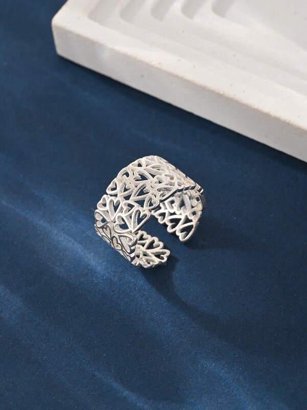 925 Sterling Silver Hollow Heart Shape Adjustable Ring, Women's Wedding Pendant Engagement Fashion Jewelry