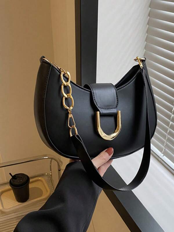 2025 Spring And Summer New Style Elegant Simple Fashion Solid Color Shoulder Bag, Commuter Texture Underarm Bag, French Chain Shoulder Bag, Lightweight, Business Casual Small Zipper Hobo Bag Fashionable Black Metal Decoration, Suitable For Teenage Girls, Female College Students, Novices And White-Collar Workers, Very Suitable For Office, College, Work, Business, Commuting, Outdoor, Travel, Outdoor, Rebellious Crescent Women's Bag