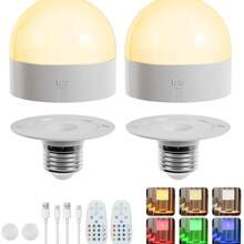 Rechargeable Smart Light Bulb With Remote And Timer,Battery Operated Light Bulb For Sconces And Lamps,Detachable Charging For Non-Hardwired Fixture, 3 Color Temperatures + 12 RGB Colors,1/2pcs E26/27