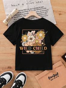Camiseta de manga corta con estampado creativo de letras y flores para niñas jóvenes - Negro - Ver 3