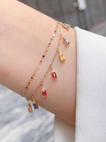 1 Stück S925 Sterling Silber Vintage Stil kubischer Zirkonia quadratischer Anhänger Halskette, elegantes Doppellagen Armband oder Fußkette, geeignet für den täglichen Gebrauch von Frauen, Urlaubsgeschenk & Partygeschenk