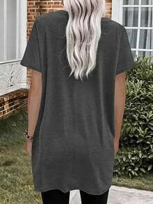 大码女式休闲宽松V领纯色衬衫 - 涤纶面料，中等弹力，短袖，及膝长度，适合春夏穿着，百搭上衣，及膝长度，涤纶面料 - 灰色 - 查看 2