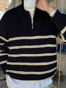 كنزة صوفية رجالية جديدة عصرية كاجوال بياقة عالية وسحاب نصفي، أكمام طويلة مخططة، ملابس رجالية للخريف/الشتاء، ملابس رسمية كاجوال