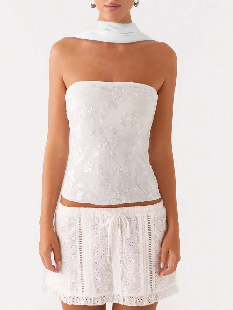 Women Y2K Sequin Tube Top With Neck Scarf Sparkly Floral Bandeau Cami Pearl Embellished Glitter Rhinestone Going Out Shirt - 白色 - 查看 1