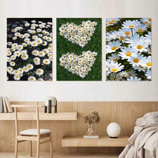 3 pièces Impressions sur canevas de paysage floral, peinture à l'huile de fleurs de marguerite, affiche murale sur canevas sans cadre, art moderne, cadeau idéal pour la chambre à coucher, le salon, les couloirs, la décoration d'automne