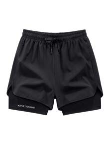 Men's Letter Print Double-Layer Sports Shorts, Outdoor Running
