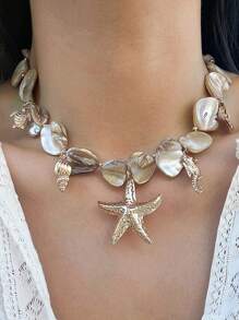 1 Peça Colar de Estilo Boêmio com Pingentes Metálicos de Estrela-do-mar, Tartaruga Marinha, Concha, Cavalo-marinho, Colar Gargantilha com Contas de Concha Natural Irregular, Adequado para Uso Diário de Mulheres, Presente de Feriado, Decoração de Festa na Praia, Joia Encantadora