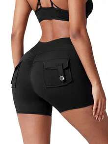 Casual Sports Ruched Design Shorts, New Summer Collection, Joggers,Gym - Black - View 4