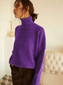 Knit Mix 女士高领宽松针织毛衣，适合秋冬季节，加厚长袖套头衫，复古风格，时尚百搭，适合圣诞节、新年、情人节、开学季等场合。 - 紫色 - 查看 8
