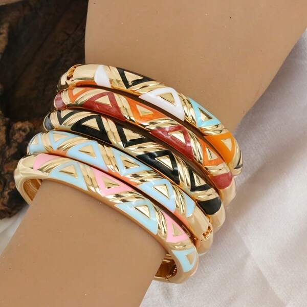 1pc Enamel Bangle Bracelet, Geometric Pattern Springy Open-Close Design, Classic Fashion Bracelet, Colorful, Mother's Day/Graduation Gift