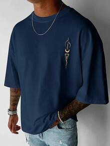 OBM Herren Marineblau Geometrisches Druck Lockerer Sitz-Shirt - Lässiges Kurzarm Rundhals Oberteil mit goldenem abstraktem Design, Ganzjahres Vielseitigkeitsshirt für Freizeitkleidung, Vielseitige Kleidung| Abstraktes Design Hemd| Deutliche goldene Akzente - Weiss - Übersicht 10