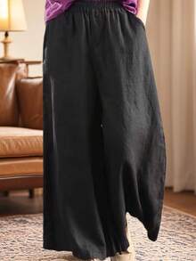Plus Size High Waisted Wide Leg Pants Solid Elastic Waist Loose Fit Flowy Trousers With Pockets - Black - View 3