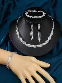 1set Fashionable & Elegant Party Bridal Earrings, Necklace & Bracelet Set - Silver - View 8