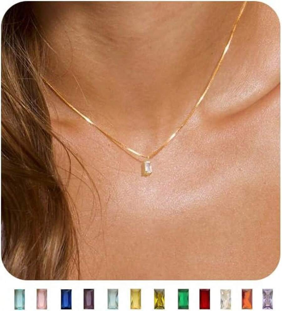 FUNEIA Women 14K Gold Plated Emerald Birthstone Necklace Women Mothers Dainty Gold Necklace Blue Green Cubic Zirconia Pendant Necklace Birthday Gifts Women Jewelry - 04. 四月(鑽石) - 查看 1